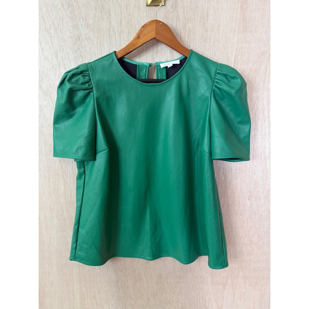THML Green Faux Leather Puff Sleeve Top Large Crew Neck Keyhole Back